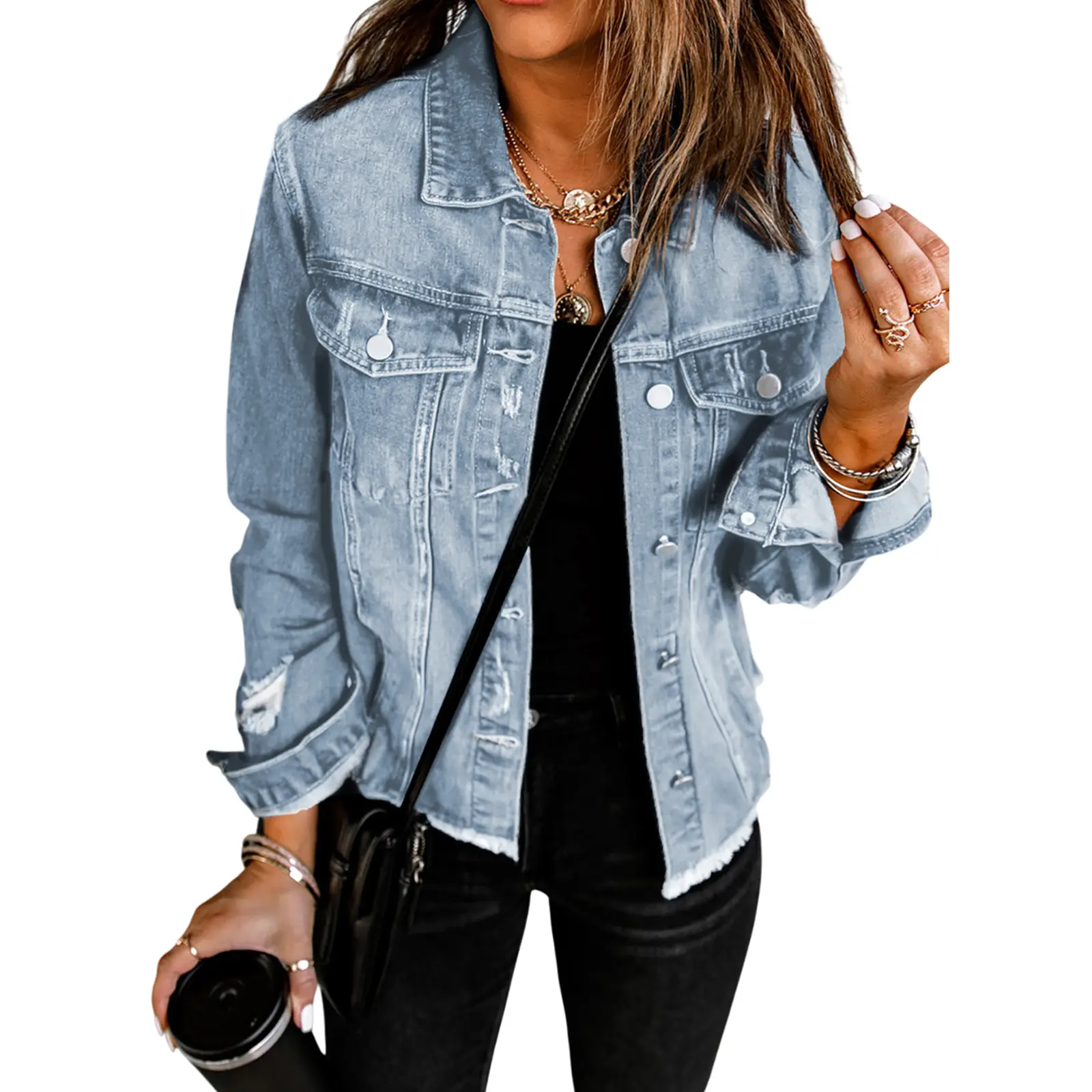 Women's Casual Short Jean Jackets Non Stretch Distressed Ripped  Lapel Long Sleeve Denim Jacket Outwear Tops
