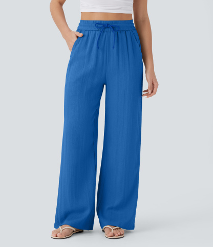 High Waisted Drawstring Pocket Wide Leg Casual Linen-Feel Pants