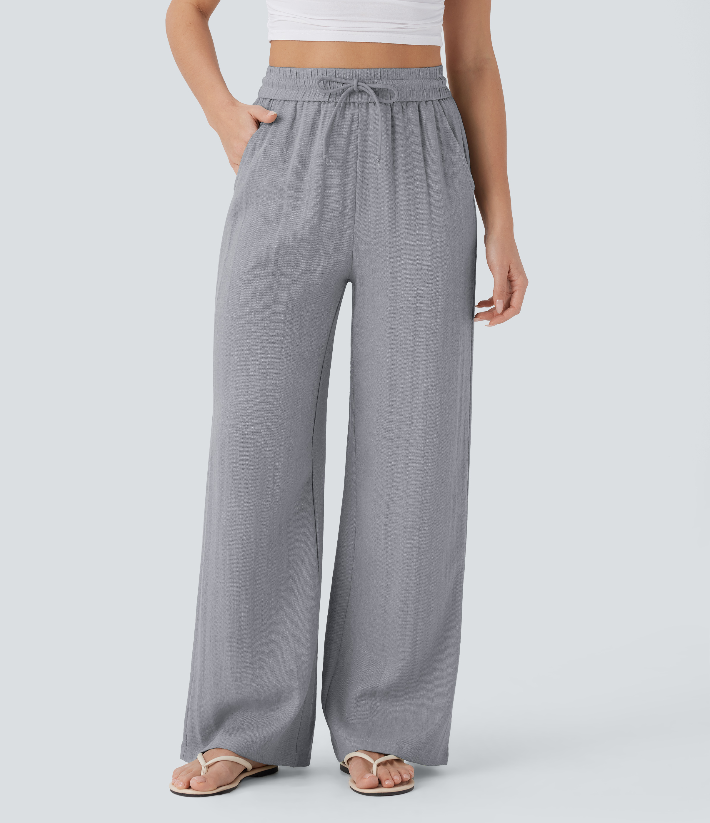 High Waisted Drawstring Pocket Wide Leg Casual Linen-Feel Pants