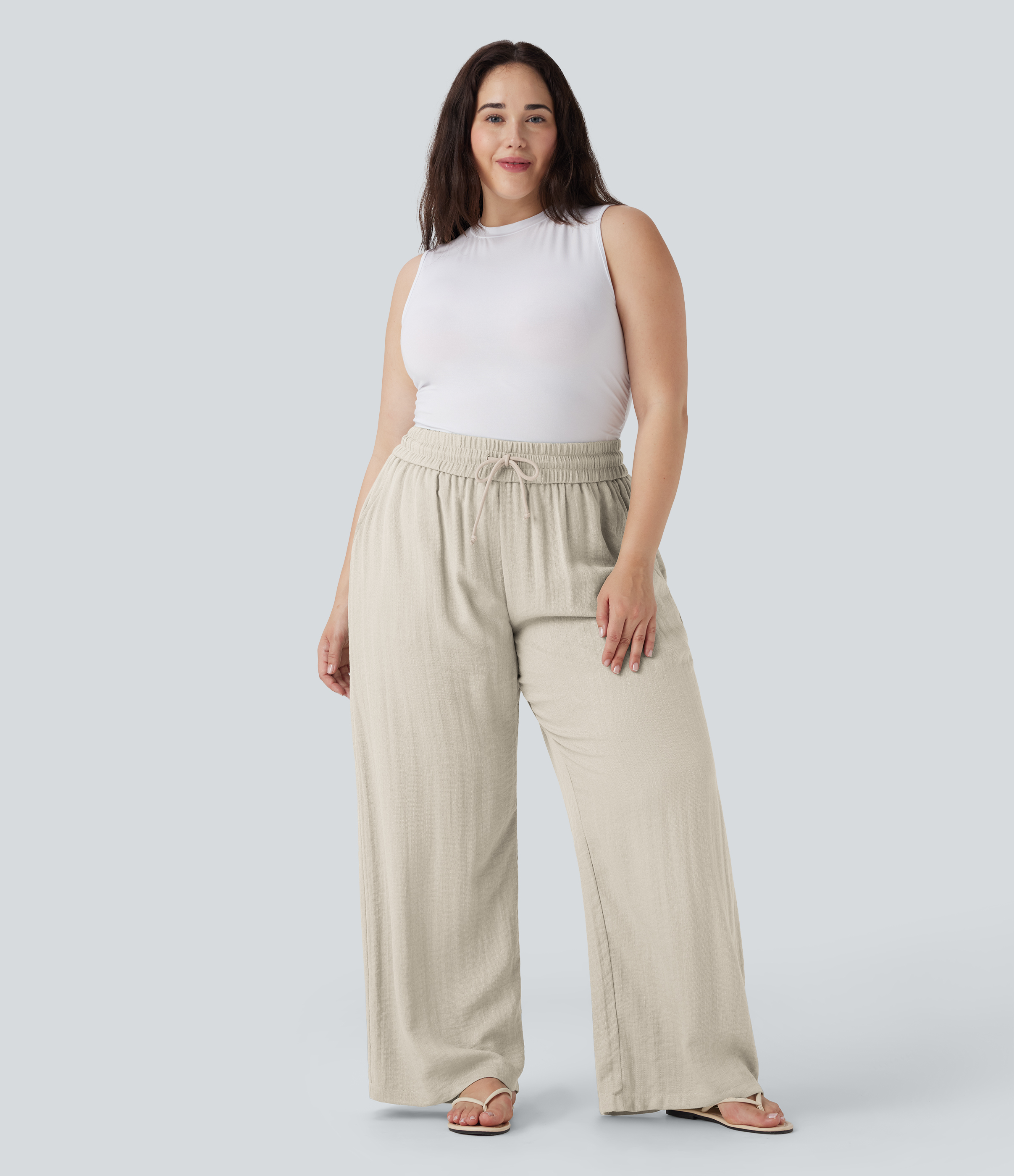 High Waisted Drawstring Linen-Feel Wide Leg Casual Plus Size Pants with Pockets