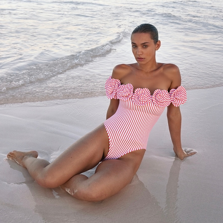Open Shoulder 3D Flower One Piece Swimsuit and Skirt