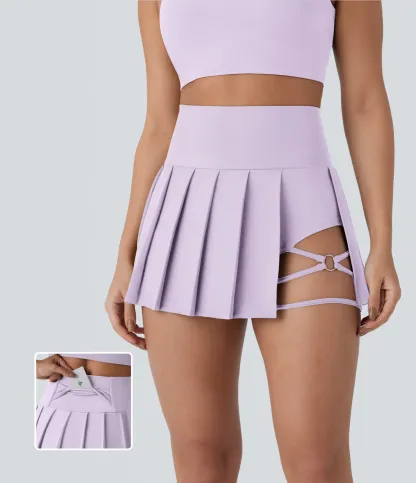 High Waisted Pleated 2-in-1 Side & Pocket Asymmetric Hem Quick Dry Mini Dance Skirt