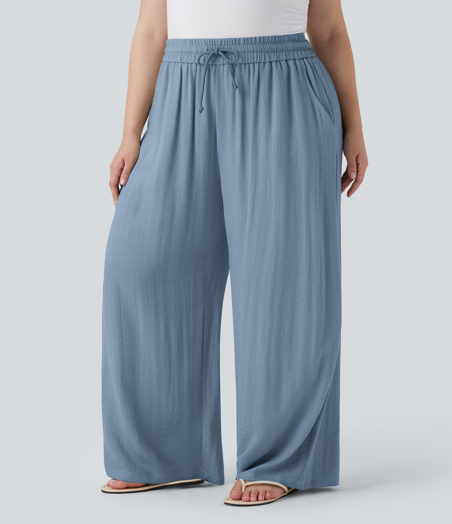 High Waisted Drawstring Linen-Feel Wide Leg Casual Plus Size Pants with Pockets