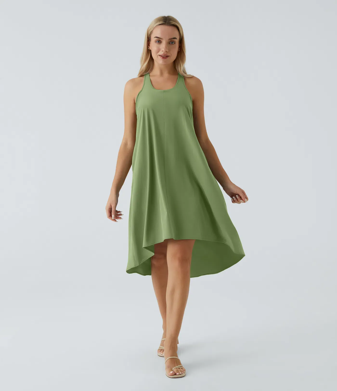 Backless Side-Pocket High-Low Hem Flowy Mid-Length Quick-Drying Casual Dress