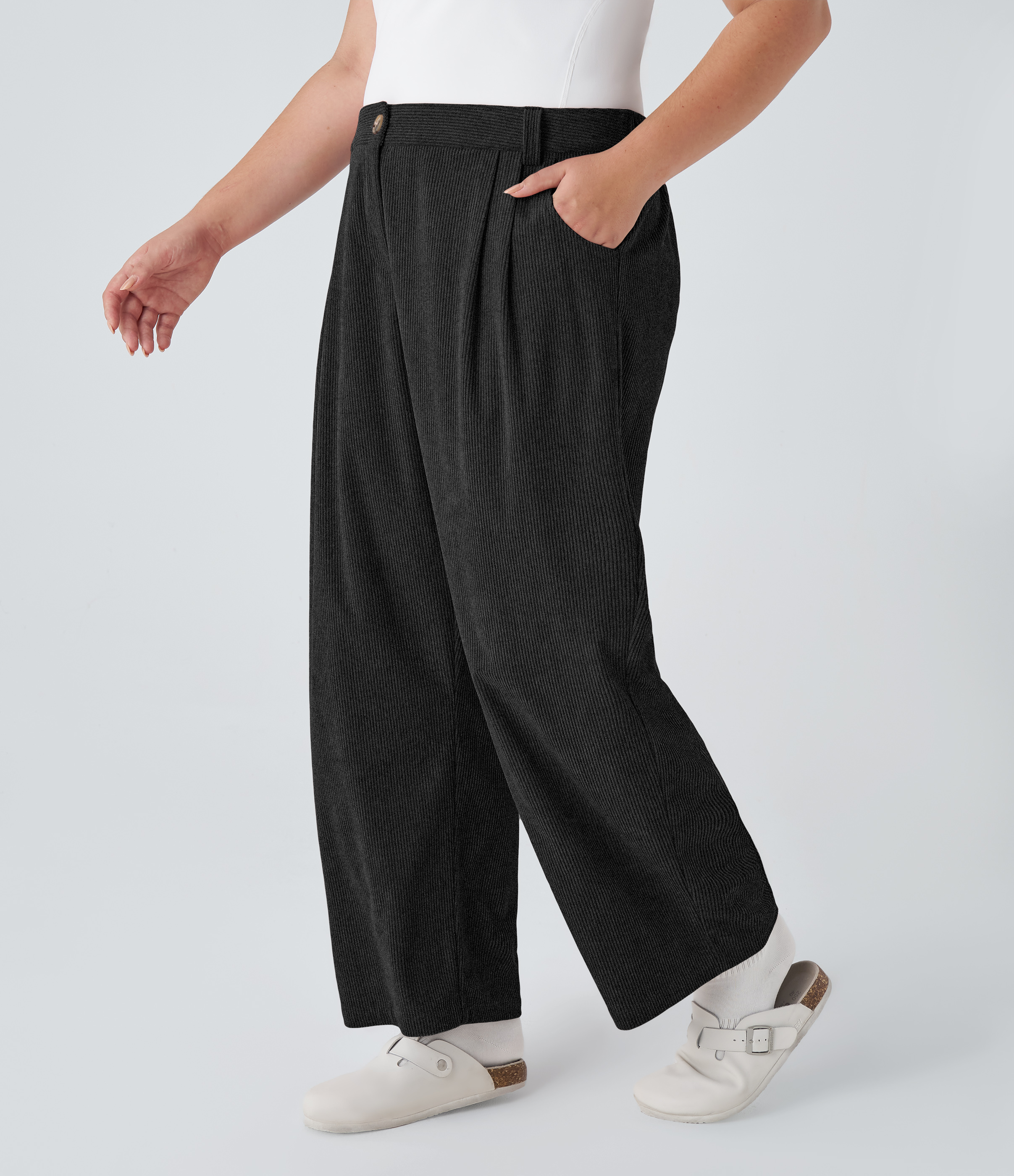 Mid Rise Zipper Pocket Plus Size Corduroy Casual Pants