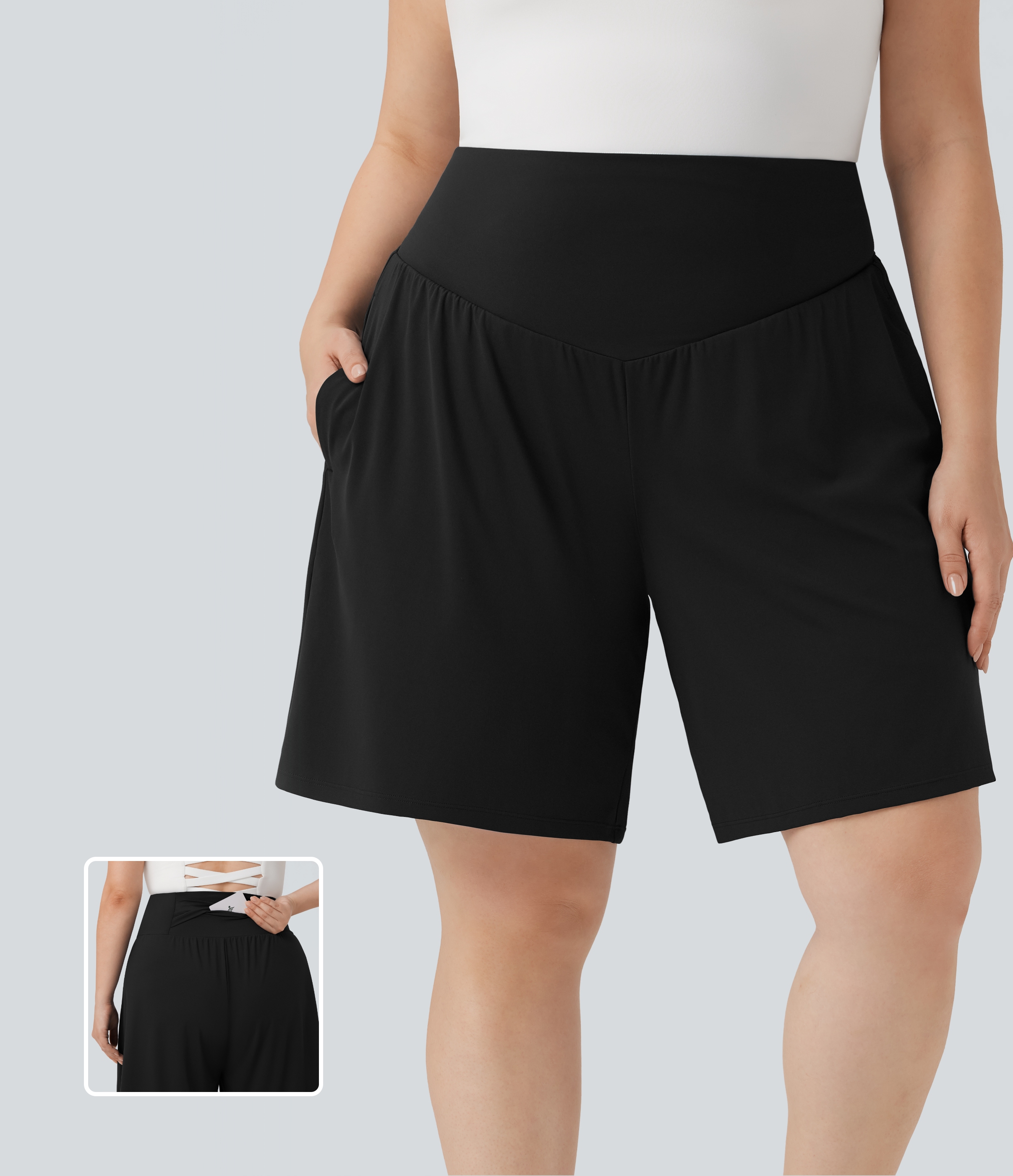 Plus Size Airy High Waisted Cool Touch Yoga Bermuda Shorts with Pockets
