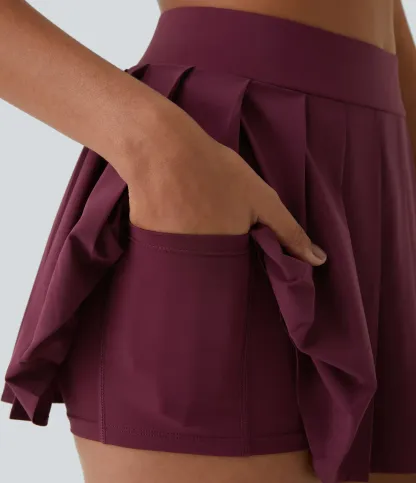 High Waisted Pleated 2-in-1 Side & Pocket Asymmetric Hem Quick Dry Mini Dance Skirt