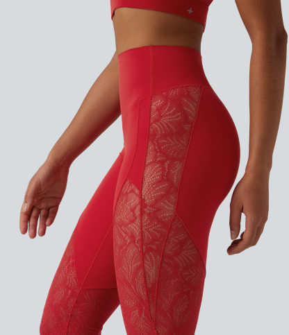 High Waisted Tummy Control Contrast Lace Yoga Flare Leggings with Pocket