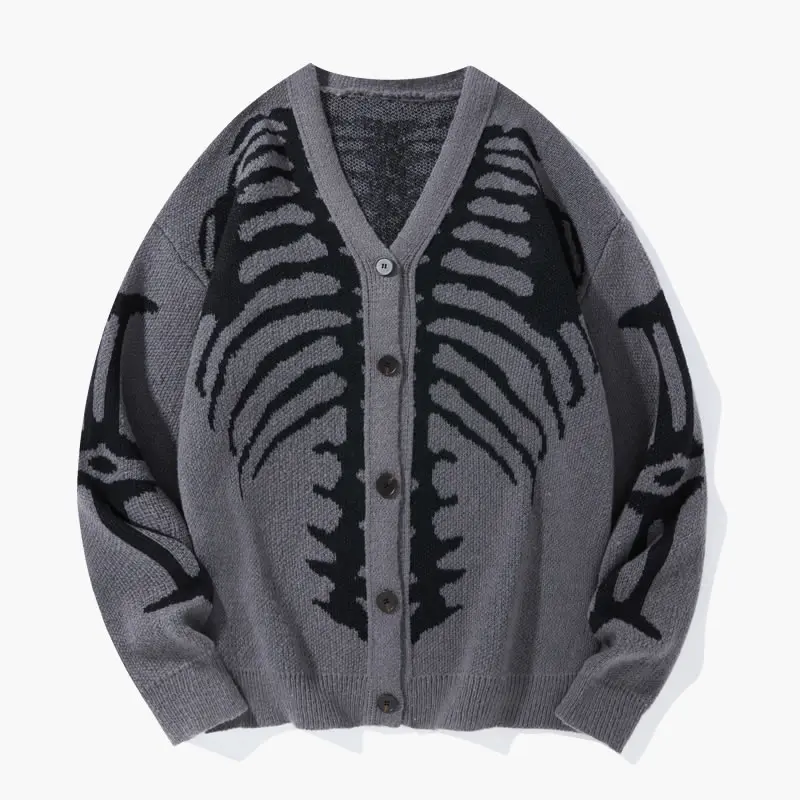 Skeleton Print Knit Cardigan V-Neck Drop-Shoulder Sweater for Casual Wear