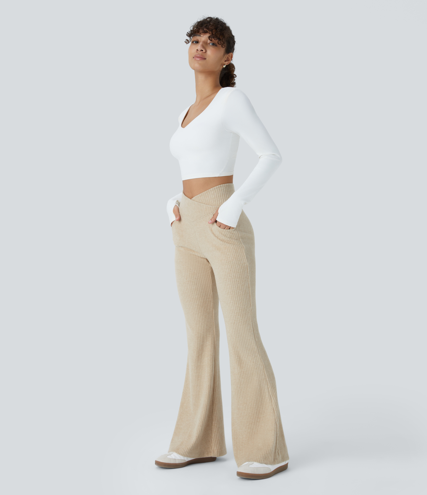 Ribbed Knit Crossover High Waisted Pocket Casual Flare Pants