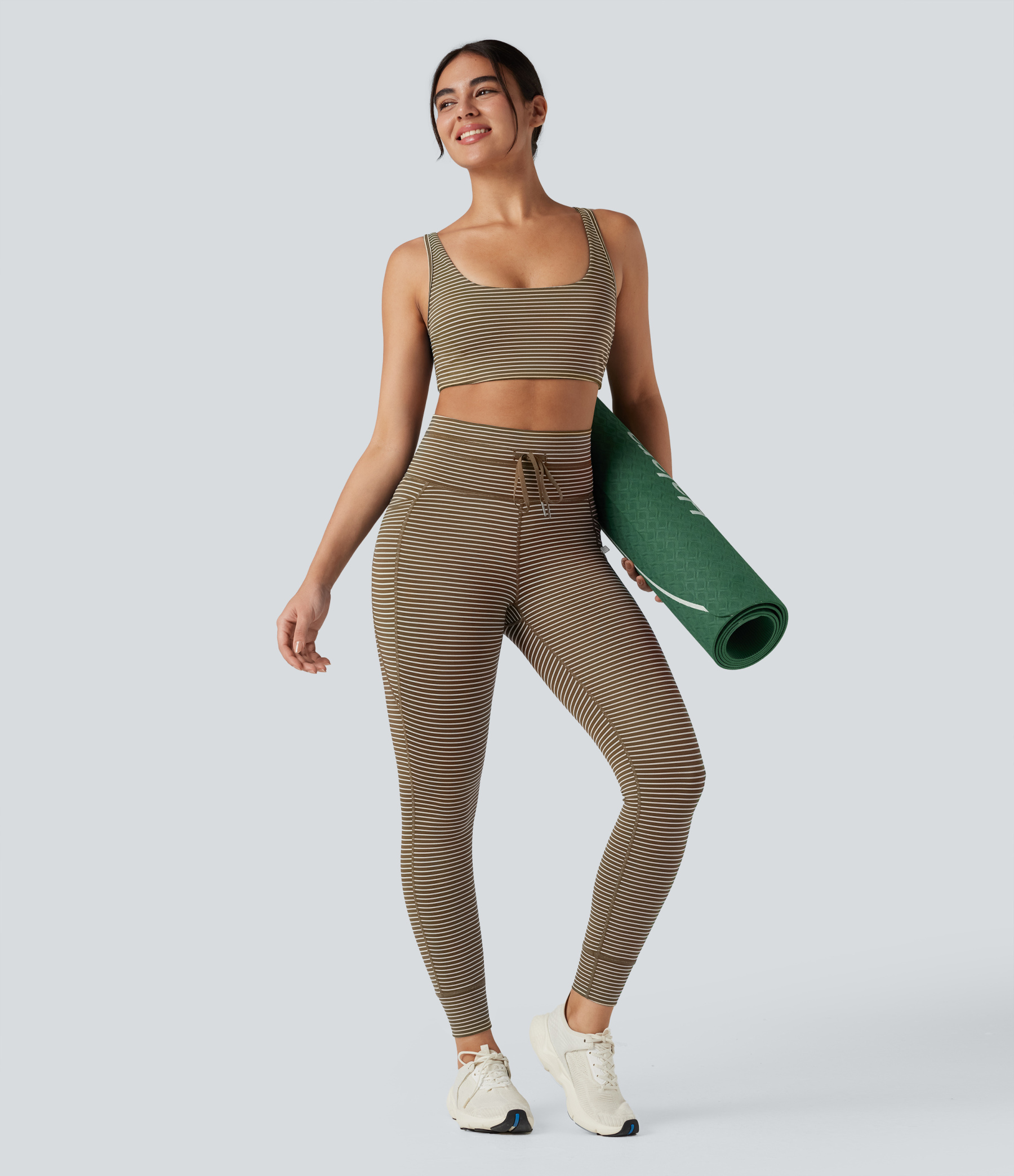 High Waisted Drawstring Striped Yoga Leggings with Pockets