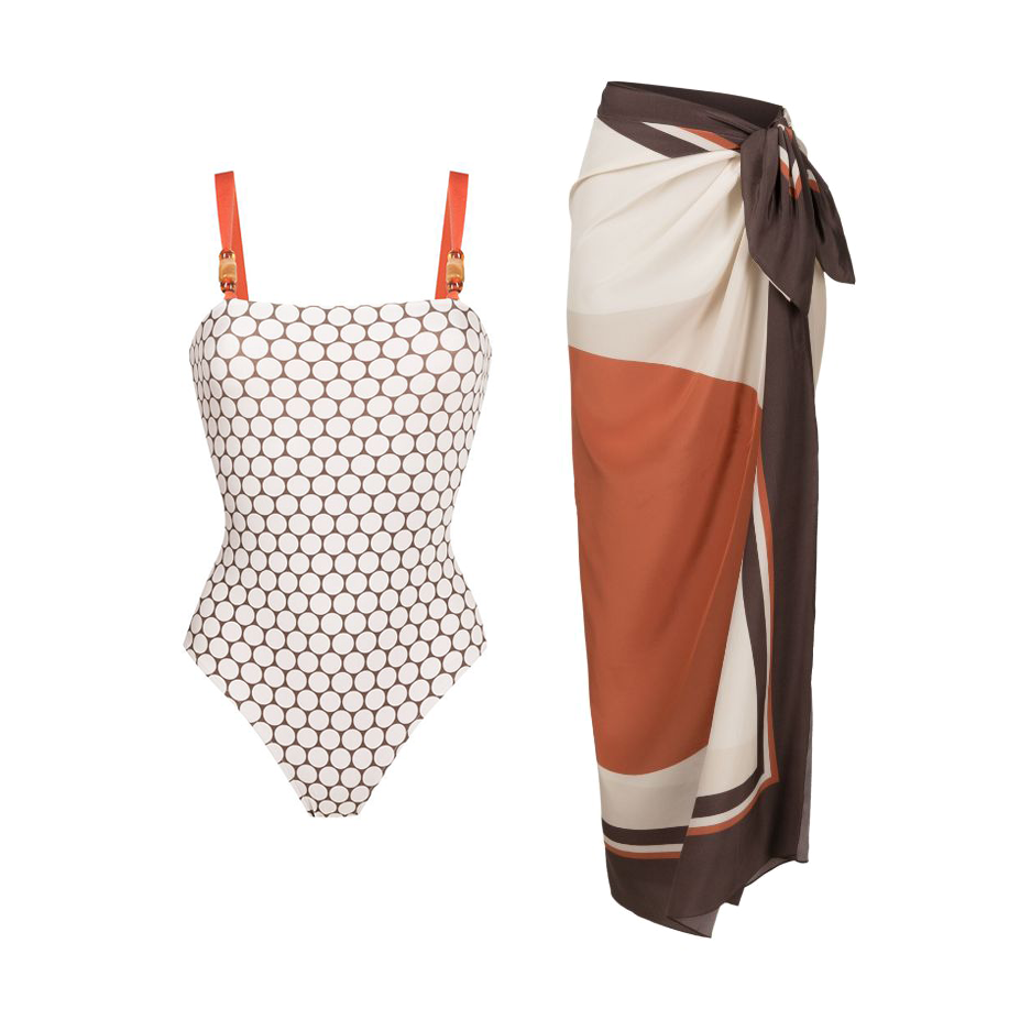 Reversible Graphic Printed Beaded One Piece Swimsuit and Sarong Flaxmaker