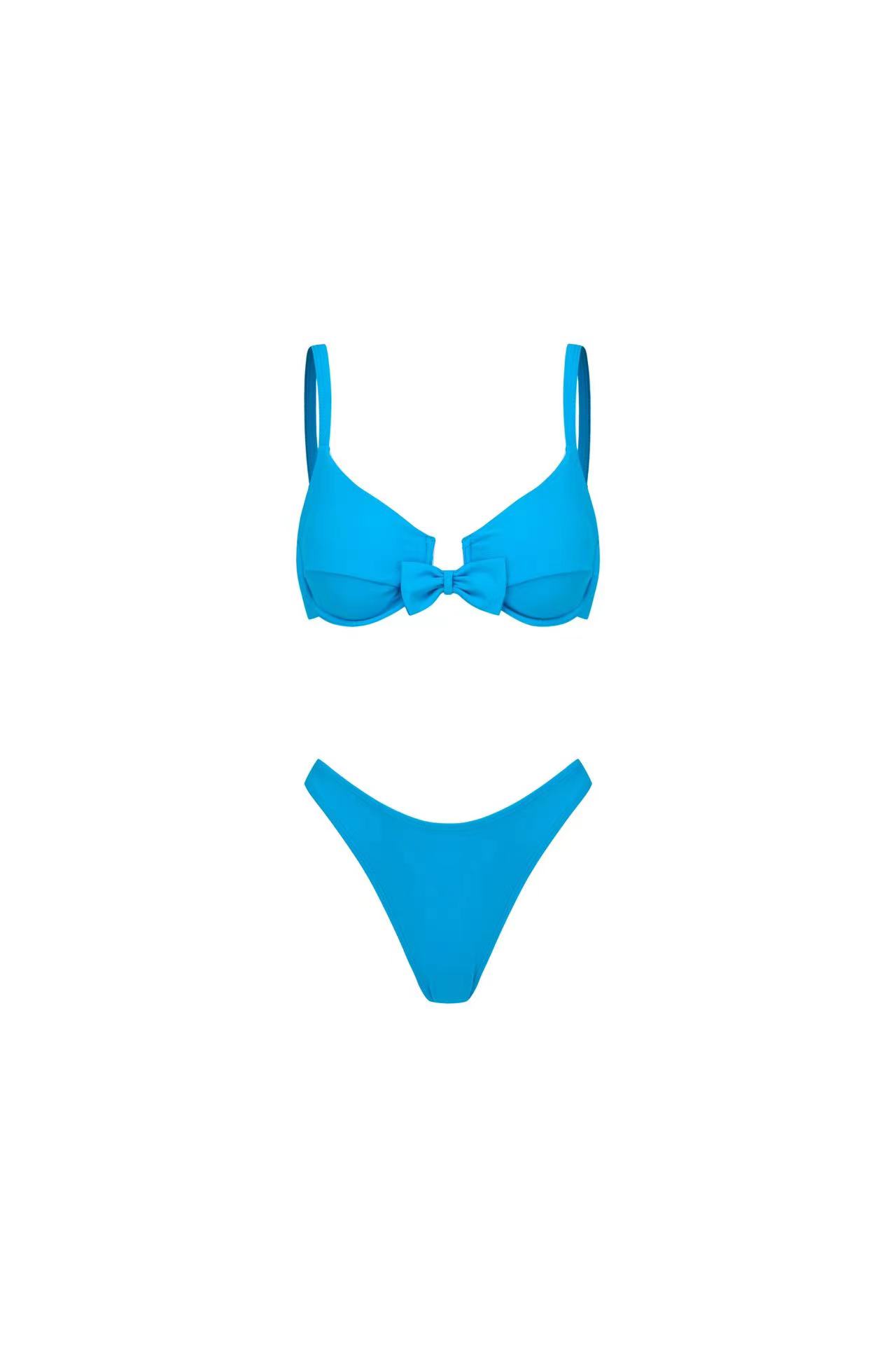 Bowknot Decor Blue Bikini Swimsuit and Sarong