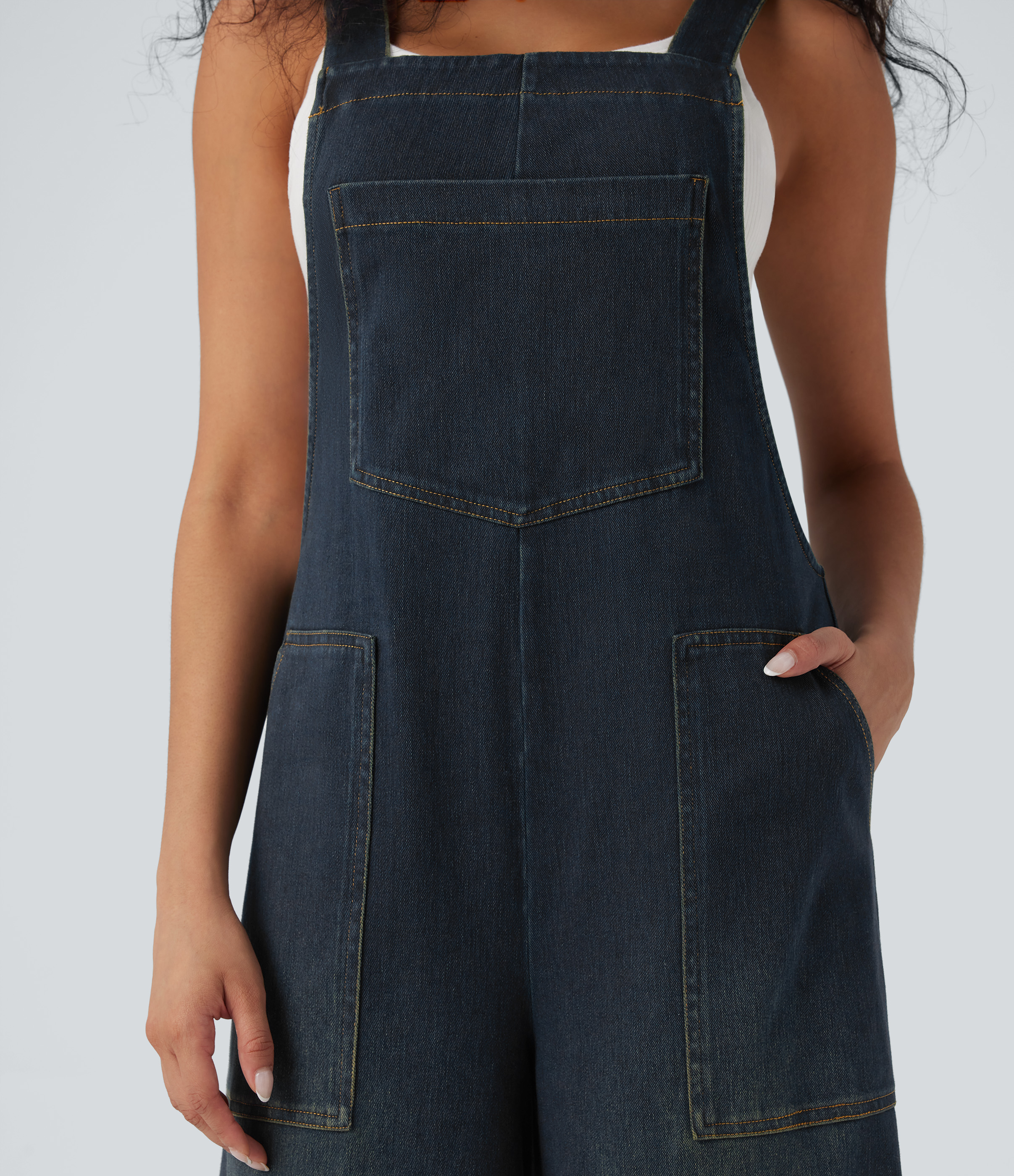 Square Neck Washed Denim Casual Overalls with Pockets