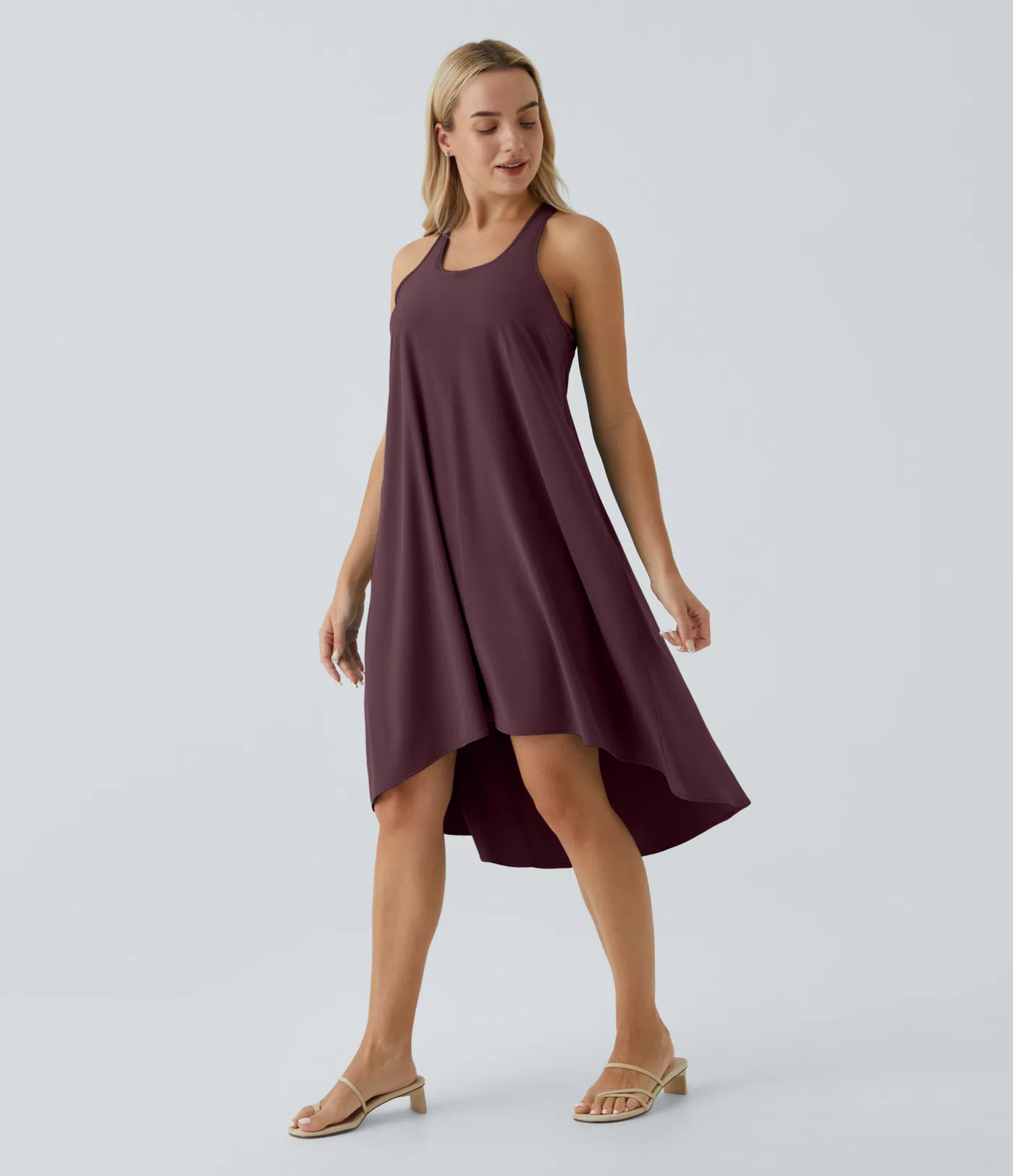 Backless Side-Pocket High-Low Hem Flowy Mid-Length Quick-Drying Casual Dress