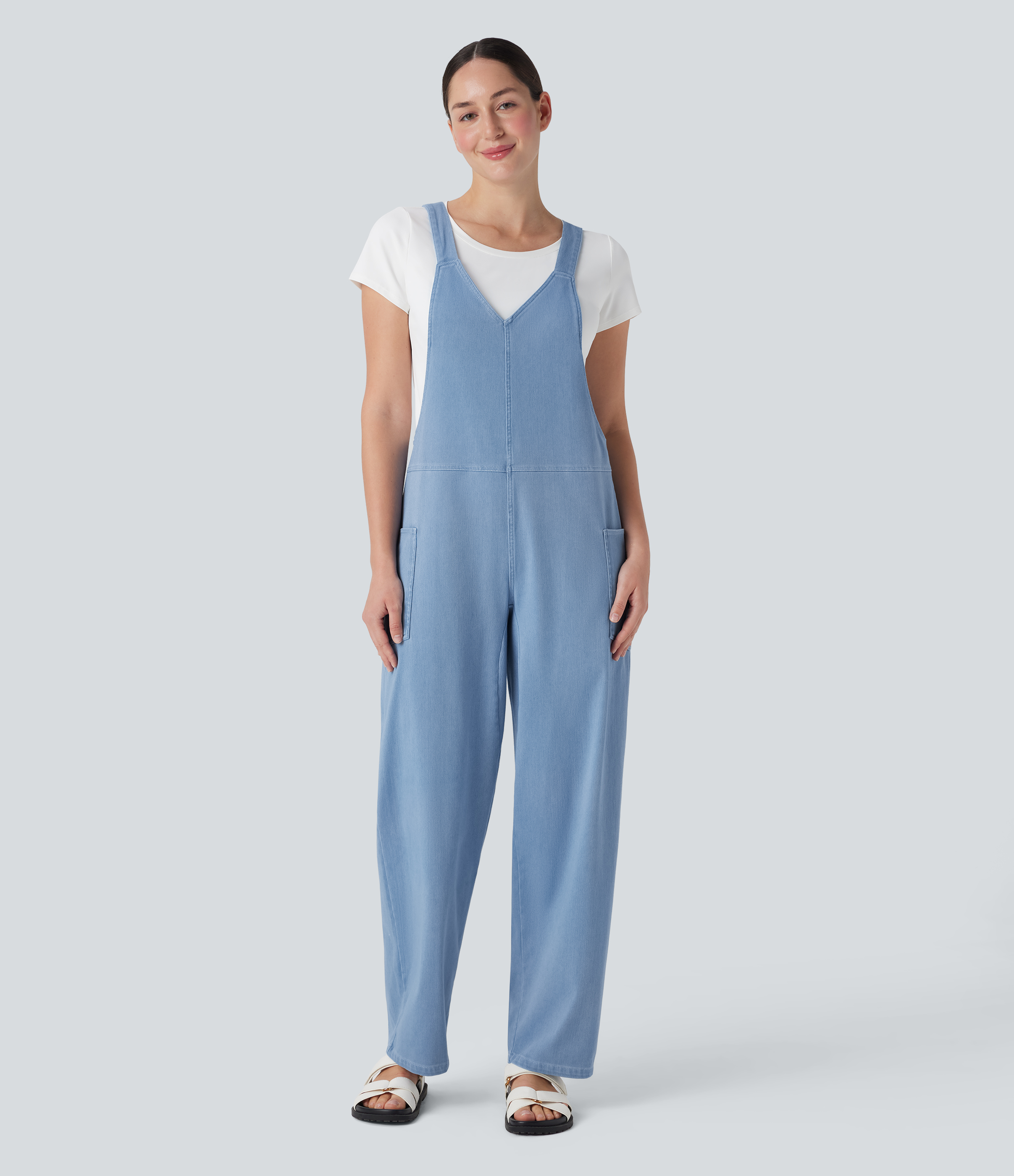 V Neck Pocket Washed Denim Casual Overalls