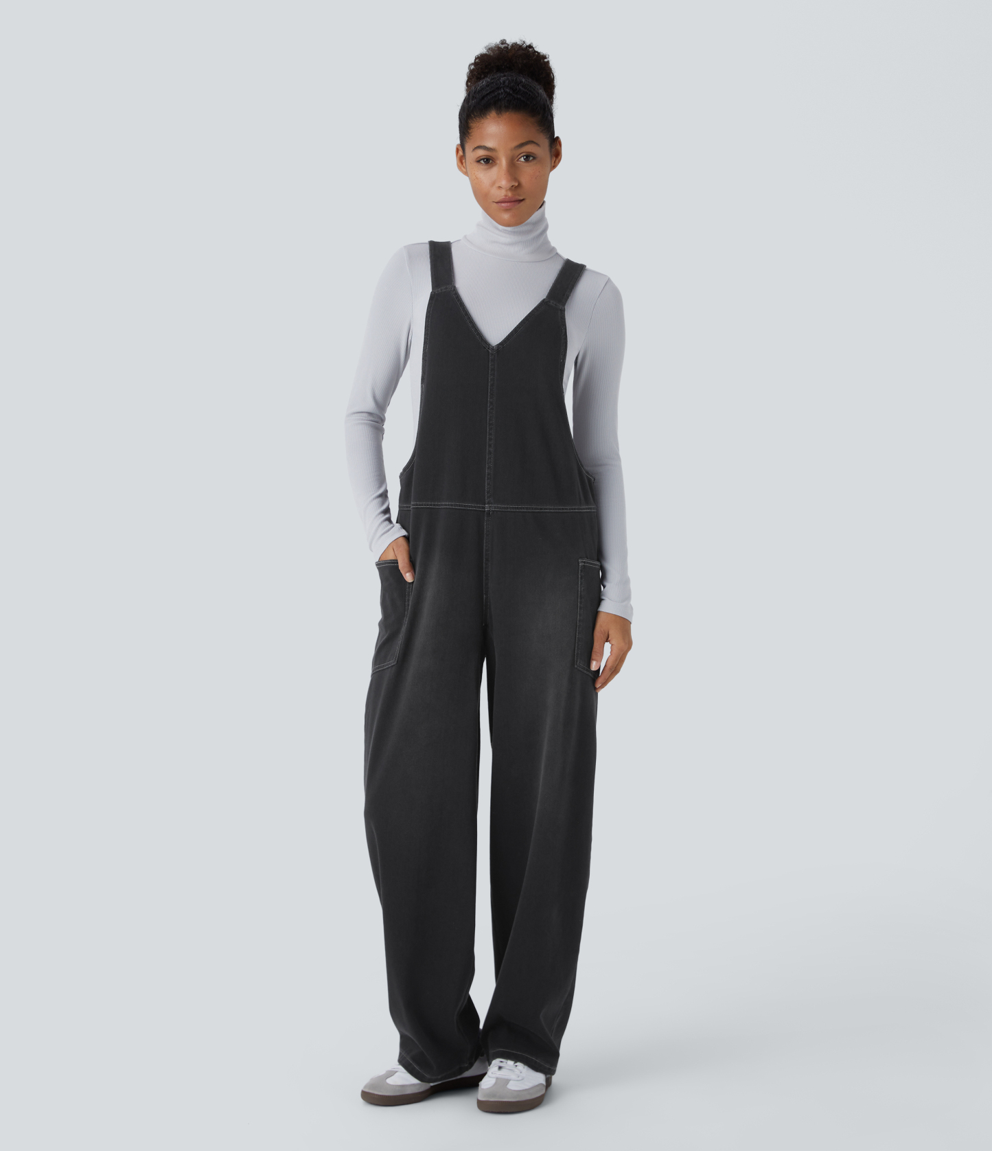 V Neck Pocket Washed Denim Casual Overalls