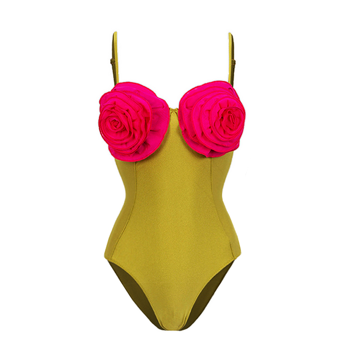 3D Flower Color Block One Piece Swimsuit and Skirt Flaxmaker