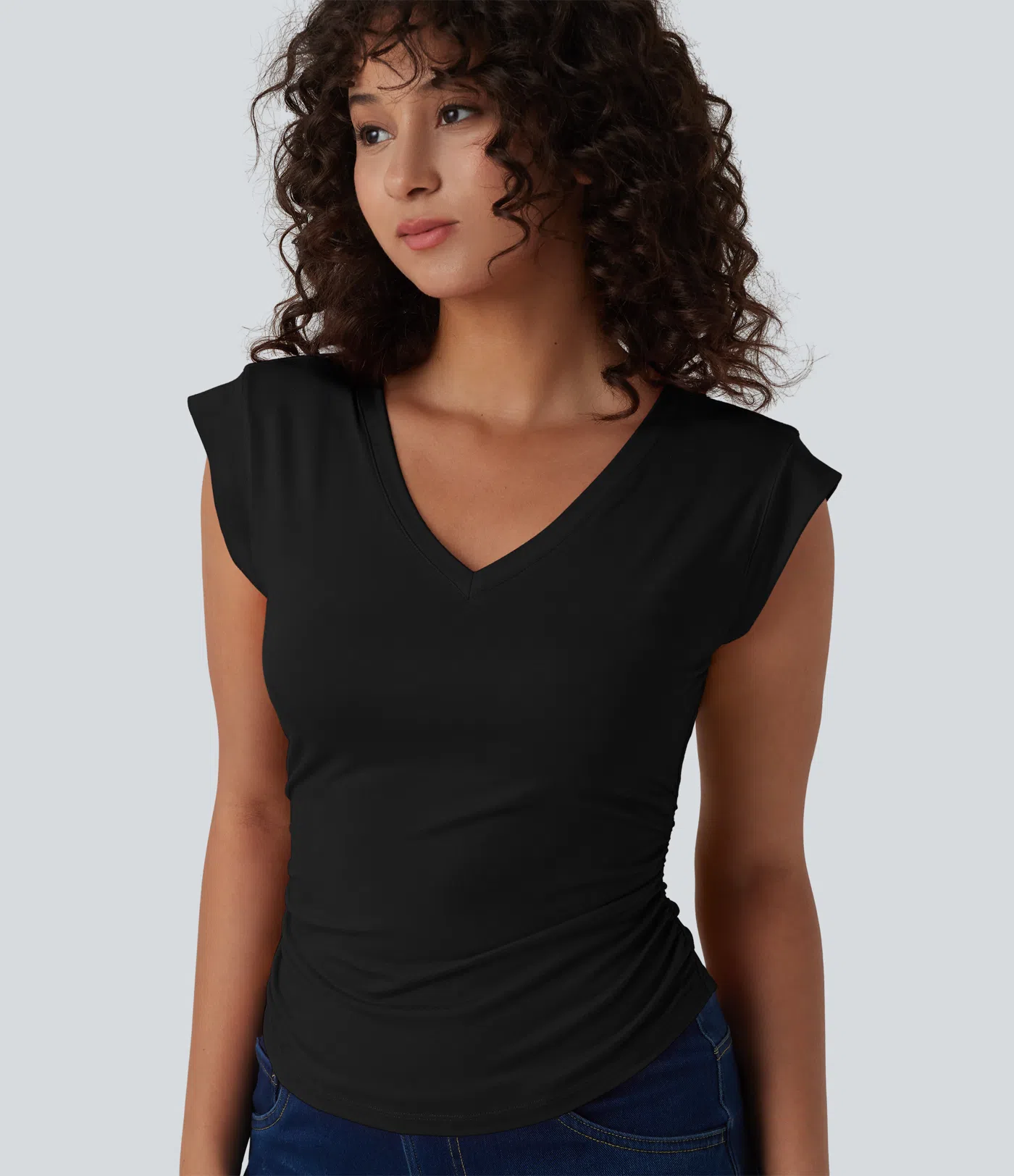 V-Neck Short-Sleeve Curved Hem Pleated Casual Tee