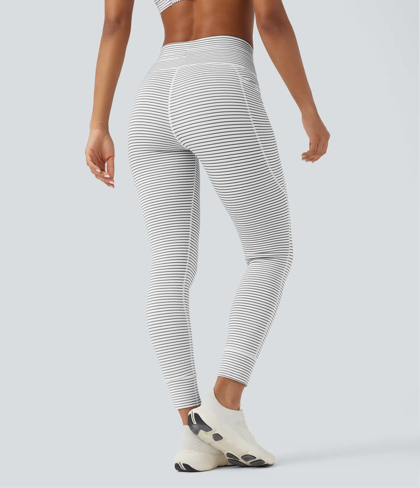 High Waisted Drawstring Striped Yoga Leggings with Pockets