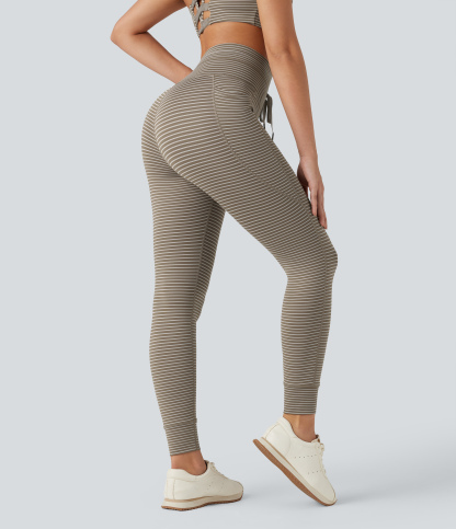 High Waisted Drawstring Striped Yoga Leggings with Pockets