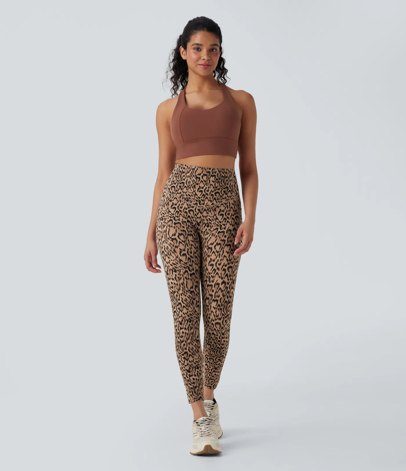 Leopard Print High Waisted Tummy Control Yoga Leggings with Pockets