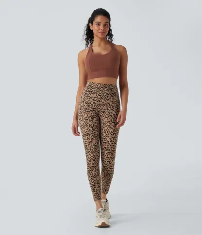 Leopard Print High Waisted Tummy Control Yoga Leggings with Pockets