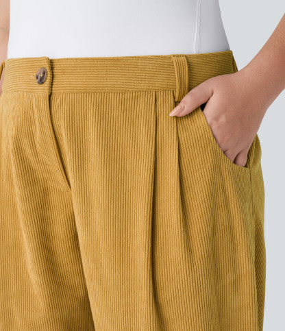 Mid Rise Zipper Pocket Plus Size Corduroy Casual Pants