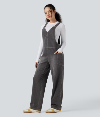 V Neck Pocket Washed Denim Casual Overalls
