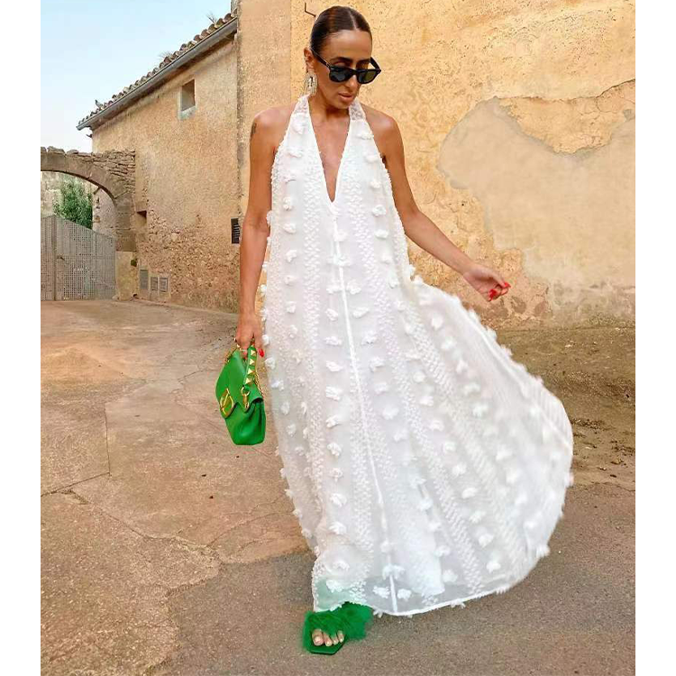 Halter 3D Flower V Neck Maxi Dress