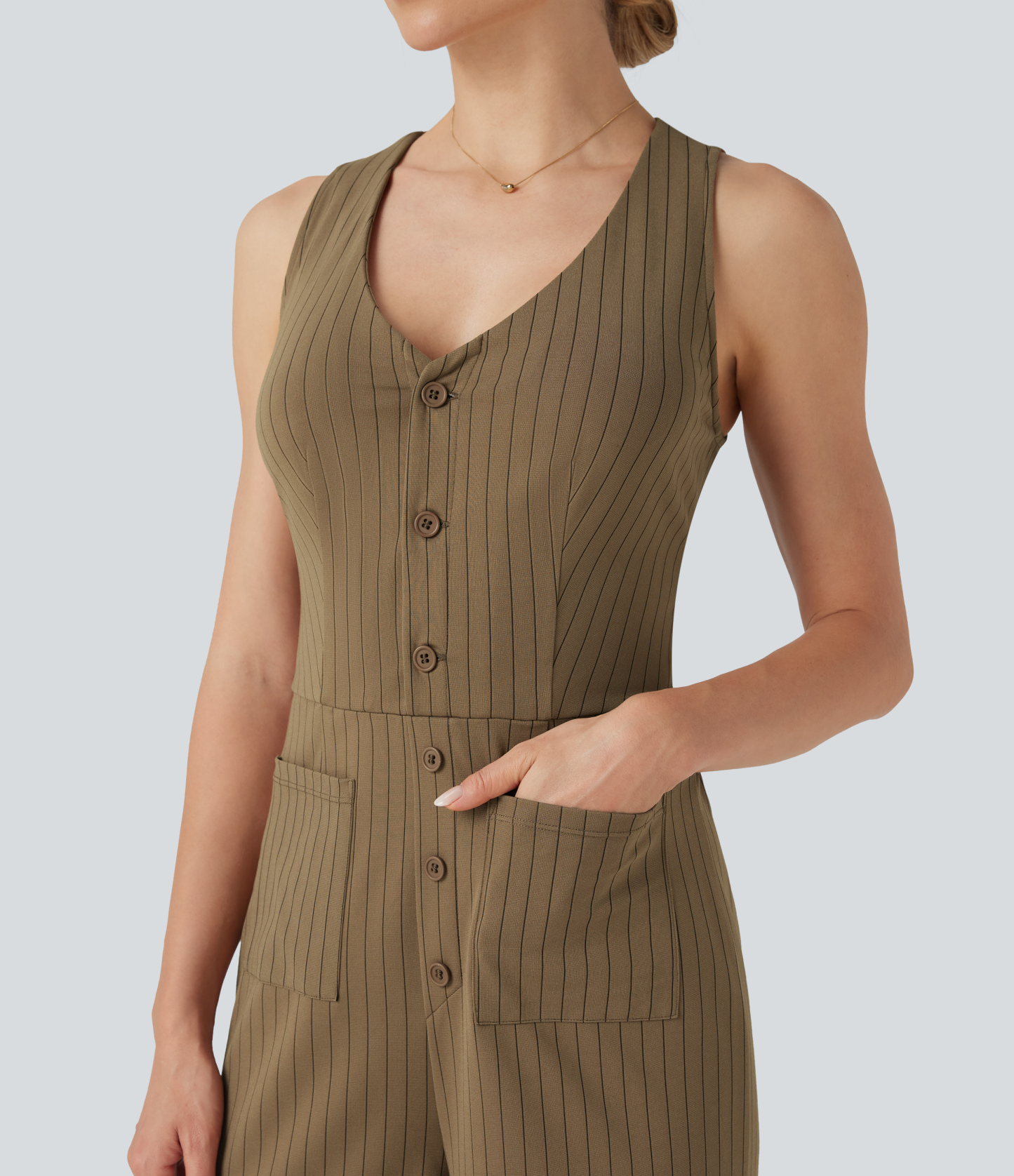 V Neck Sleeveless Cut Out Pockets Wide Leg Stripe Cool Touch Work Jumpsuit
