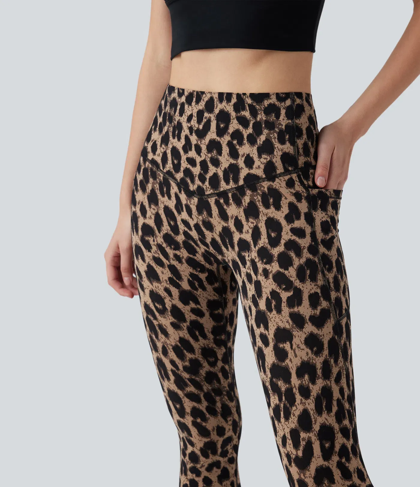 Leopard Print High Waisted Tummy Control Yoga Leggings with Pockets