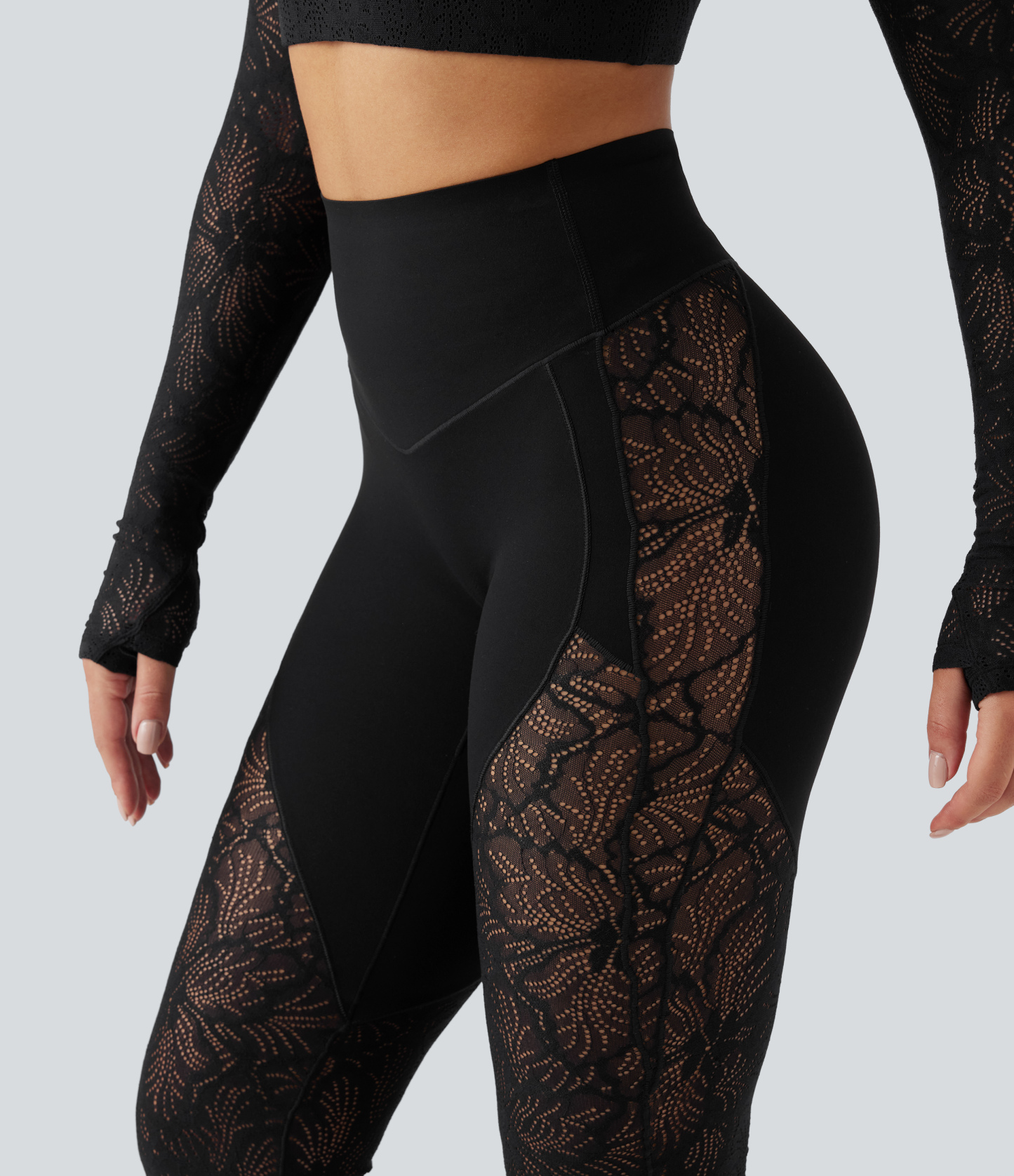 High Waisted Tummy Control Contrast Lace Yoga Flare Leggings with Pocket