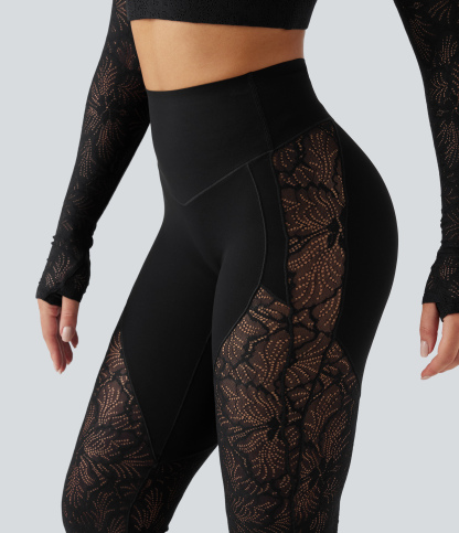 High Waisted Tummy Control Contrast Lace Yoga Flare Leggings with Pocket