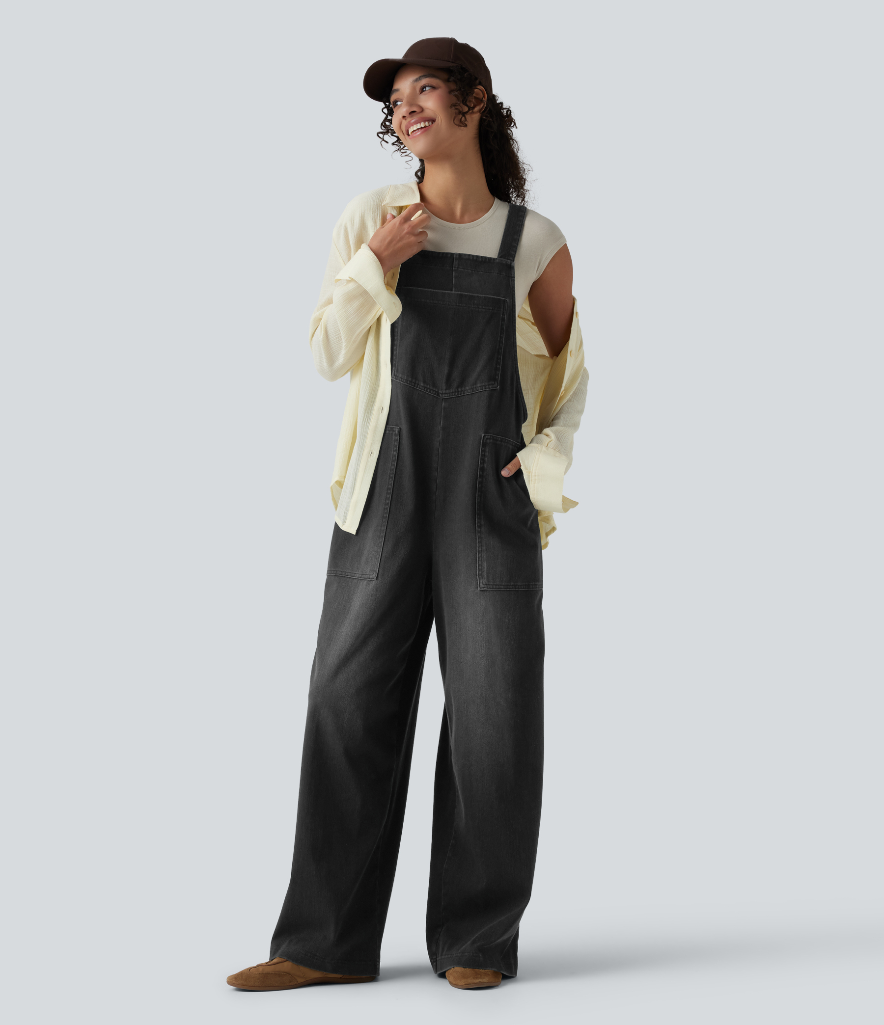 Square Neck Washed Denim Casual Overalls with Pockets