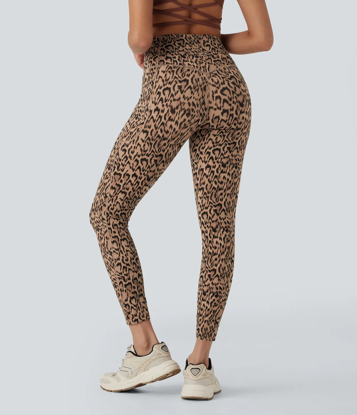 Leopard Print High Waisted Tummy Control Yoga Leggings with Pockets