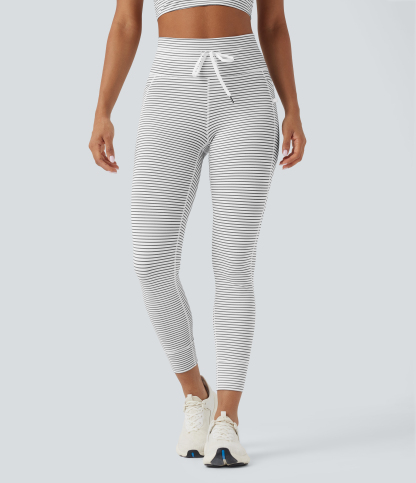 High Waisted Drawstring Striped Yoga Leggings with Pockets