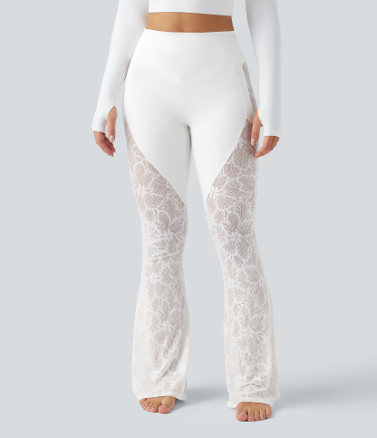 High Waisted Tummy Control Contrast Lace Yoga Flare Leggings with Pocket
