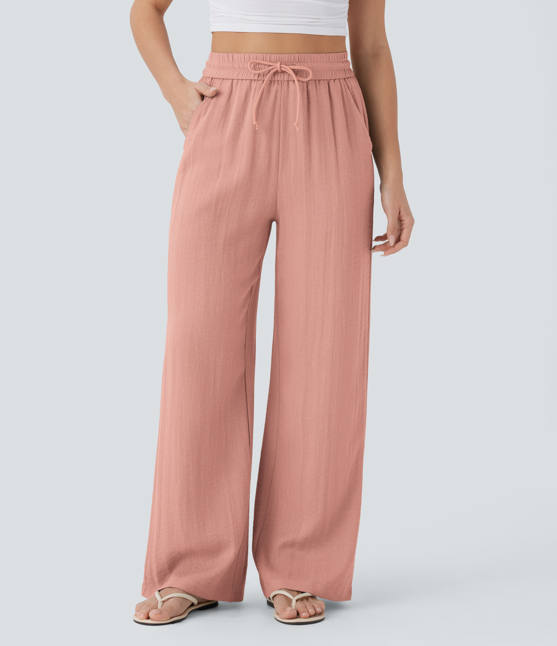 High Waisted Drawstring Pocket Wide Leg Casual Linen-Feel Pants