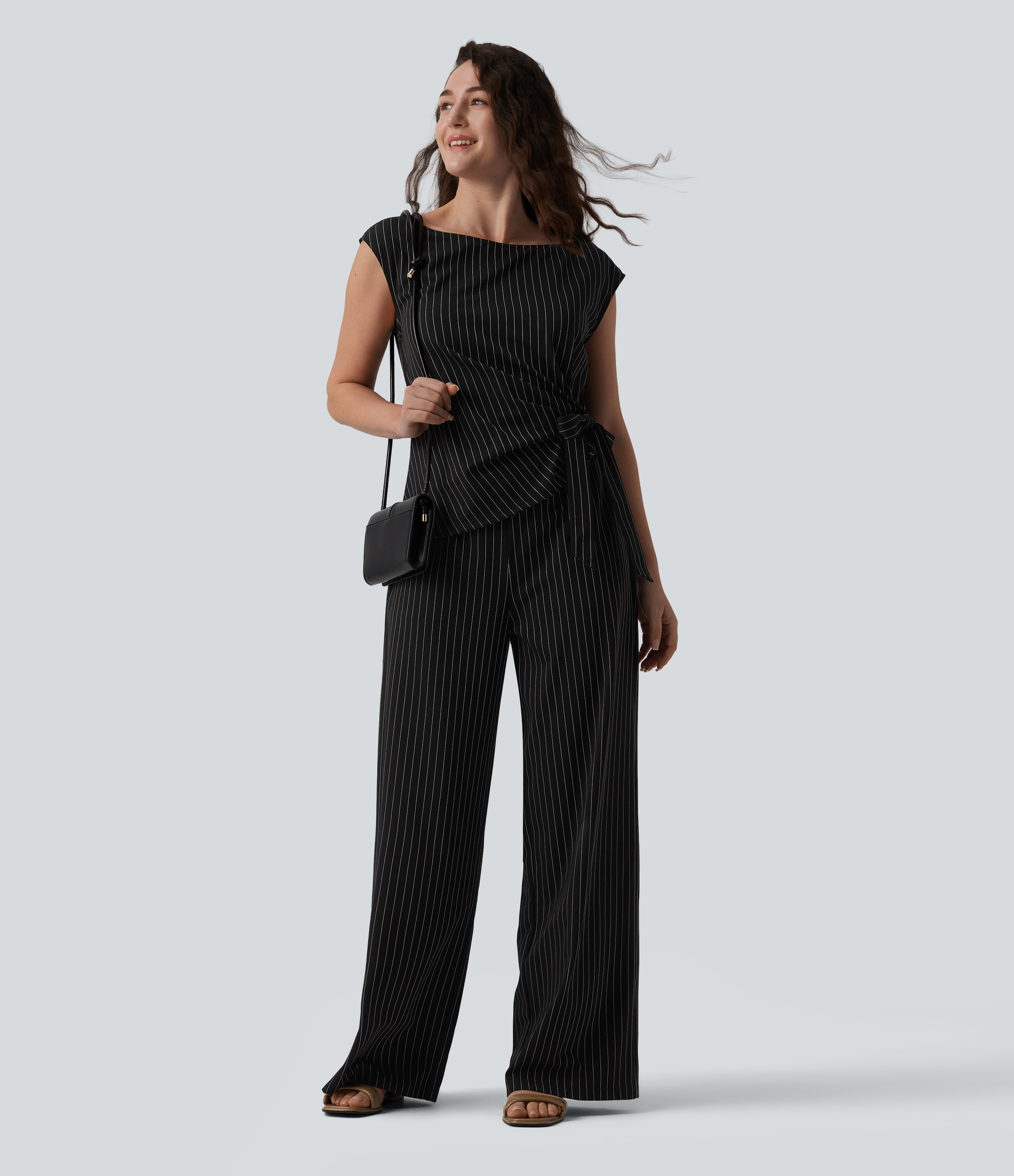 Boat Neck Sleeveless Tie Side Cool Touch Stripe Work Jumpsuit with Pockets-Easy Peezy Edition
