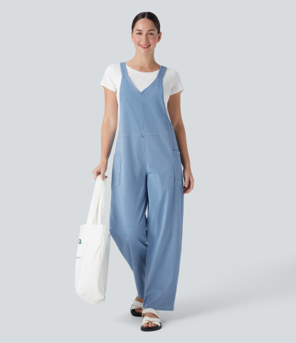 V Neck Pocket Washed Denim Casual Overalls