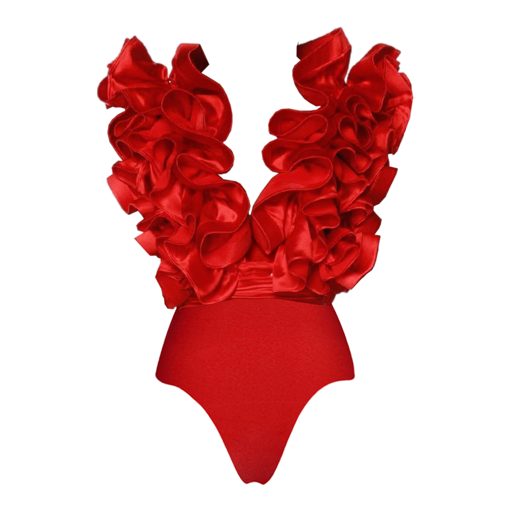 Red Flower Frilled V Neck One Piece Swimsuit and Skirt