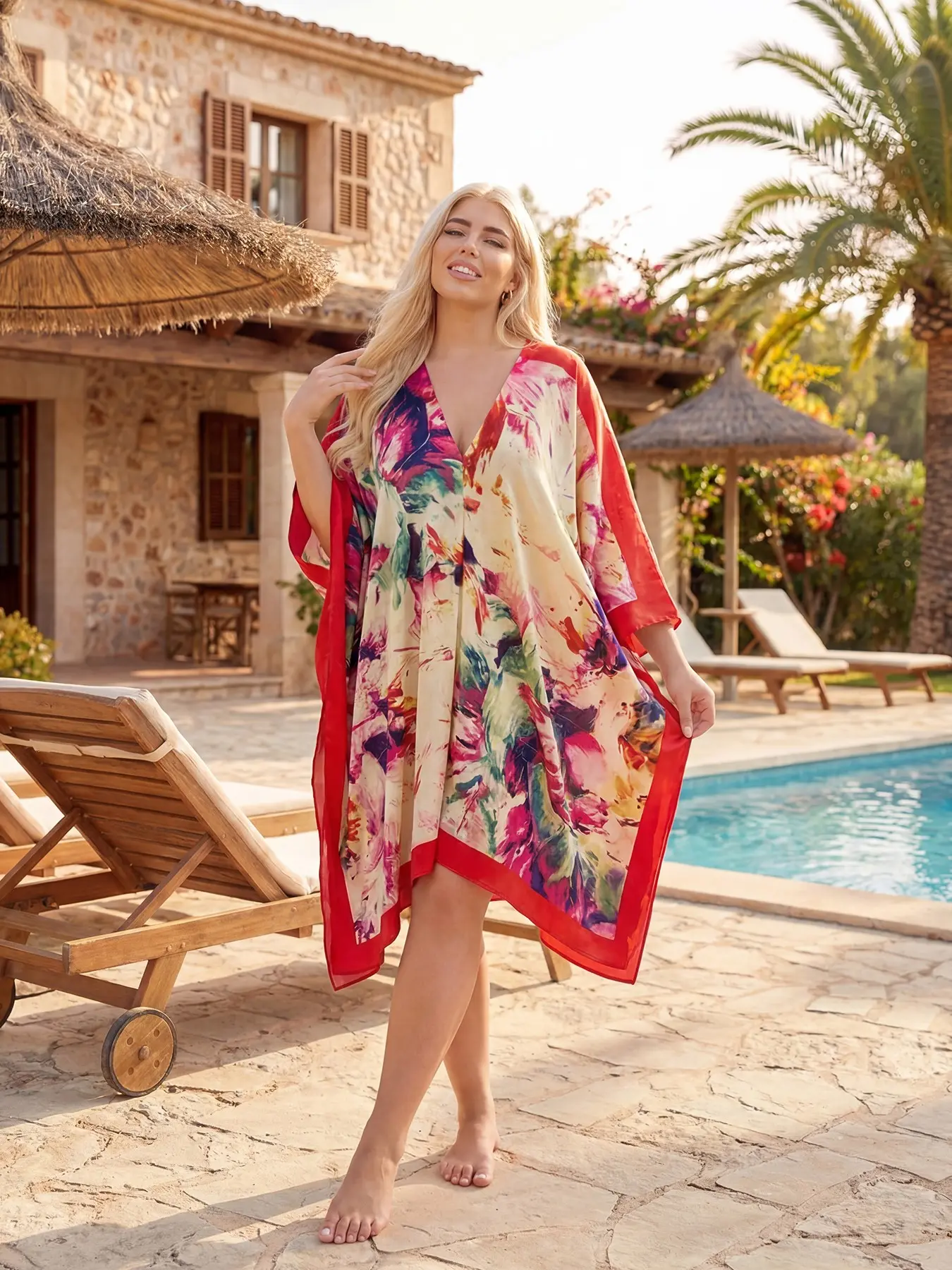 Women's Large V-Neck Shawl, Beach Cover-Up, Beach Coverups, V Neck Coverup, Loose Fit, Breathable, Eye-Catching Print, Perfect for Vacation & Daily Wear