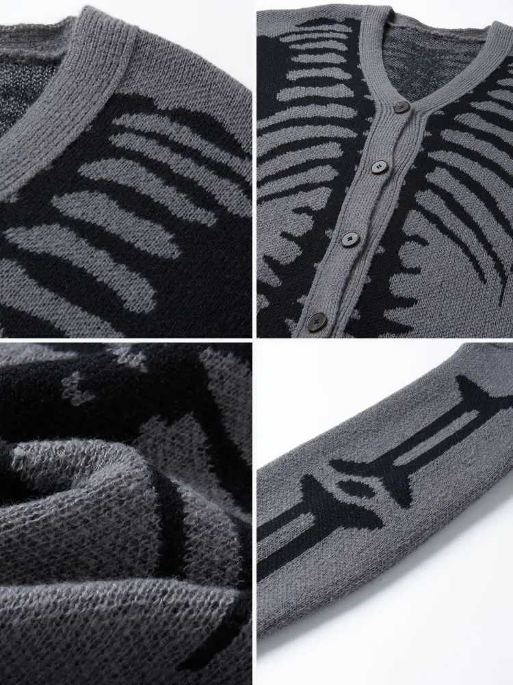 Skeleton Print Knit Cardigan V-Neck Drop-Shoulder Sweater for Casual Wear