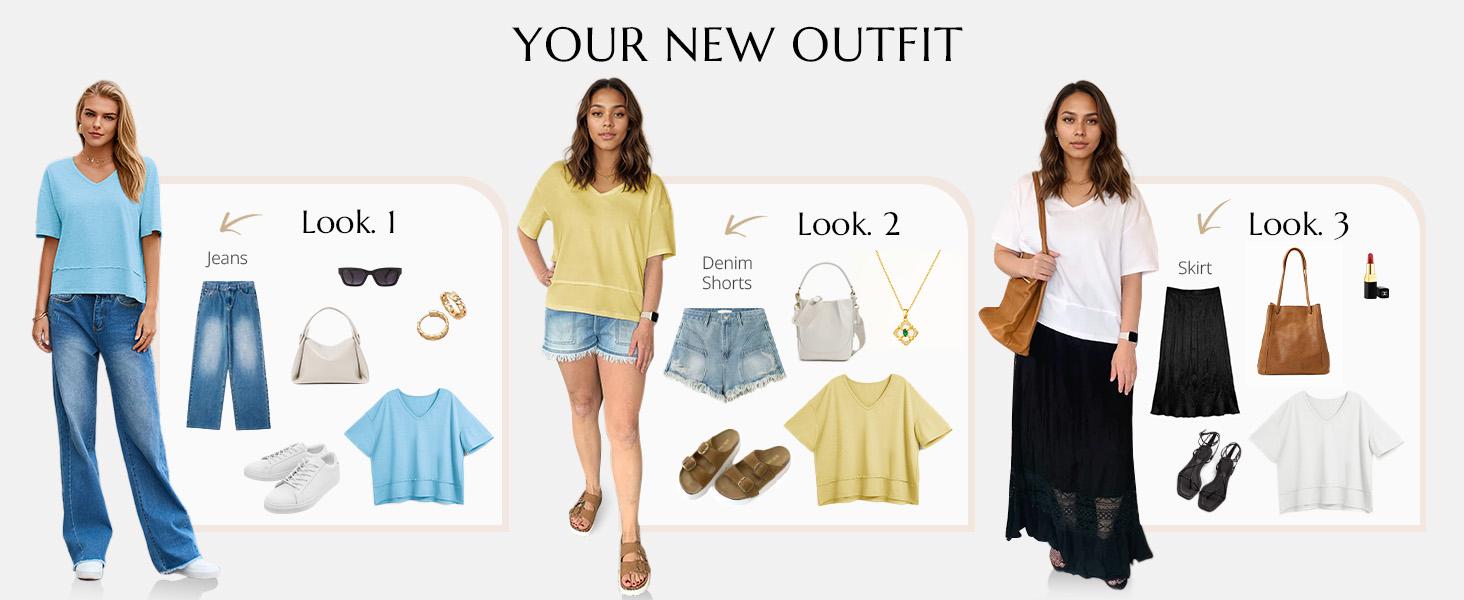 Cicy Bell Women's Summer Flattering V Neck T Shirts, Loose Oversized Short Sleeve Flowy Basic Tops Premium Blend Soft Fabric Hide Belly Casual Daily OOTD Tees for Beach Vacation Everyday Outfit