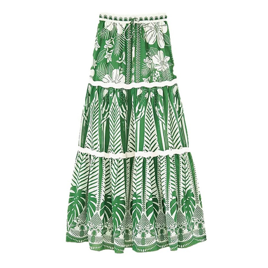 One Shoulder Green Flower Printed Bikini Swimsuit and Skirt