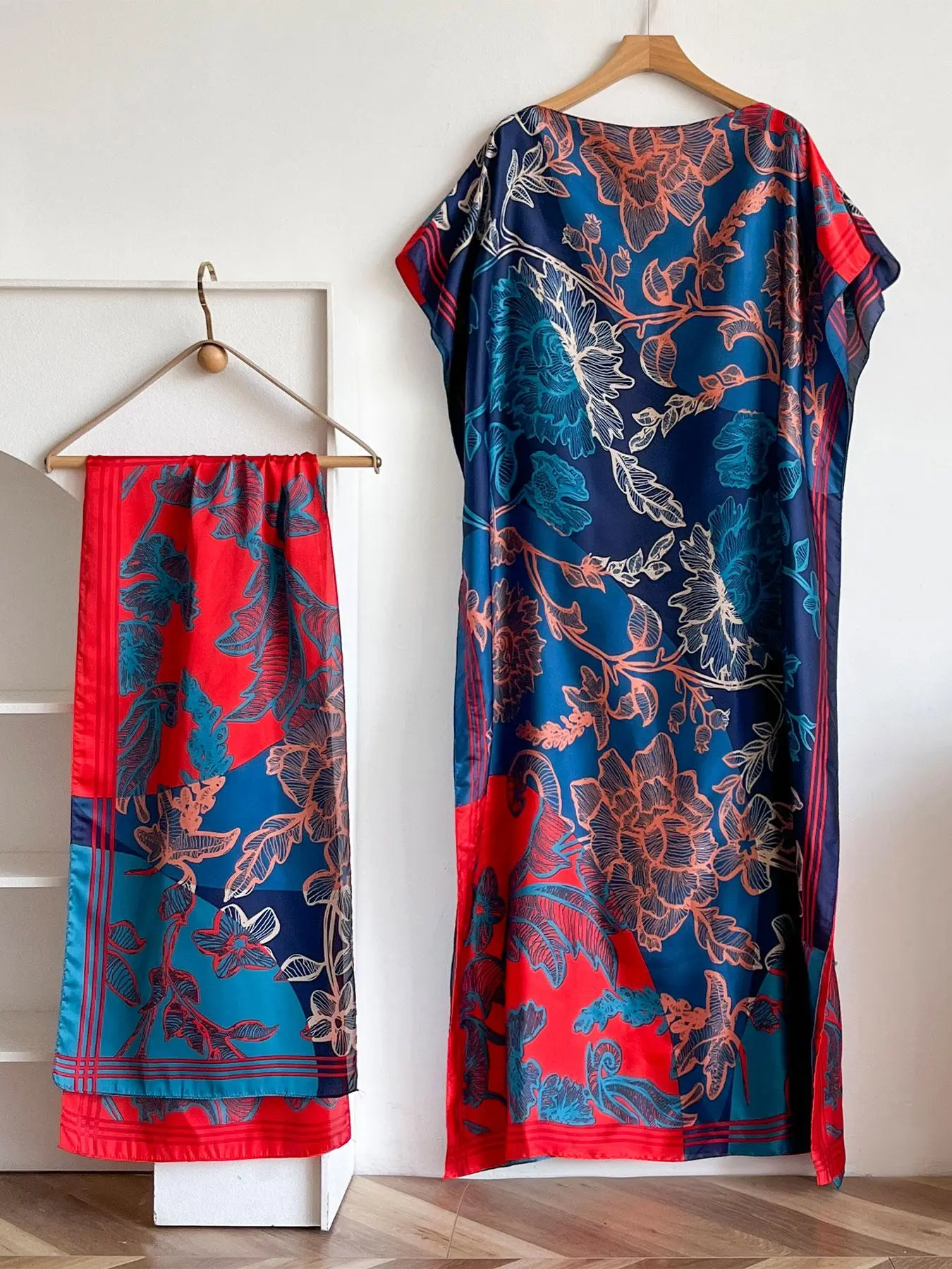 Women's Floral Print Lightweight Long Dress & Scarf Piece Set Outfit, Boho Casual Wear Shawl Dress & Scarf Set for Beach Vacation Holiday, Ladies Clothes for All Seasons