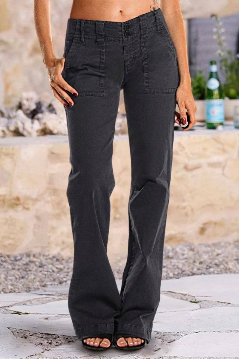 Double Button Mid Waist Straight Leg Pants