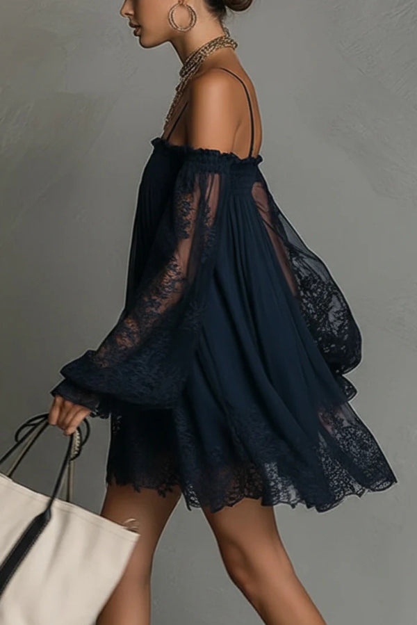 Fashionable Spaghetti Strap Lace Long-sleeved Loose Mini Dress