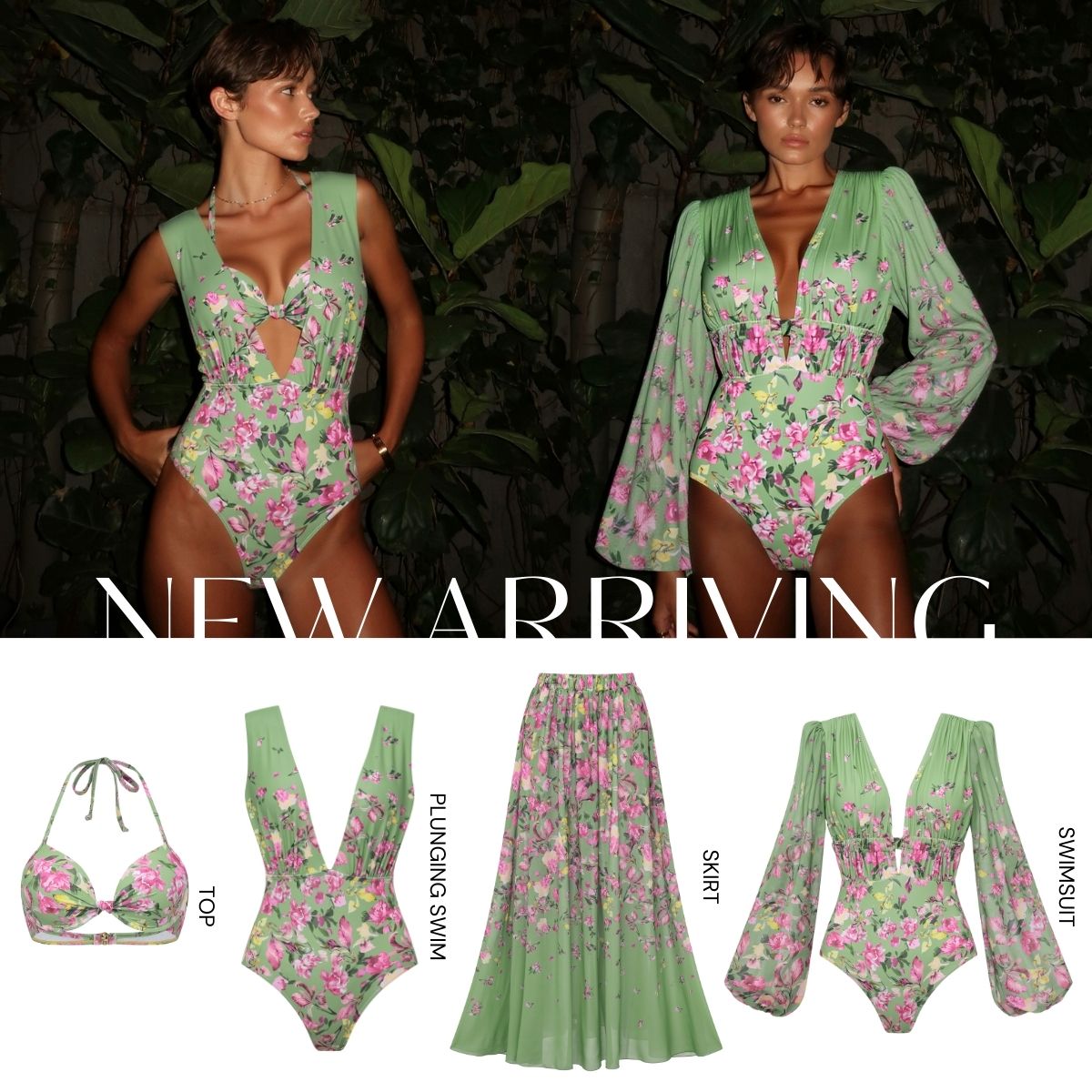 Floral Bikini & Plunging Ruched Swim Set
